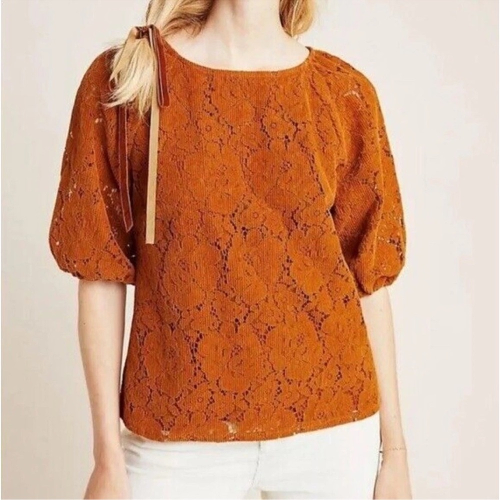 Anthropology Dolan corduroy Lace Puff-Sleeve Top in Rust Orange - Picture 2 of 10